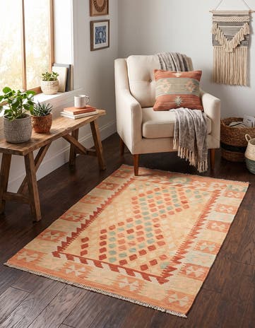 3' 4 x 4' 10 Hand Woven Kilim Waziri Wool Rug