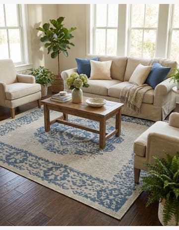 Blue Easy-Clean Traditional Indoor / Outdoor Square Rug
