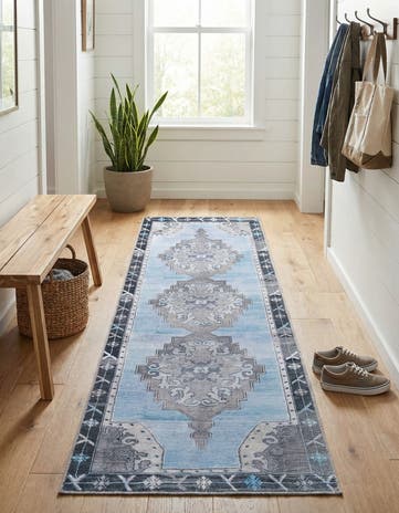 Blue Gray Washable Timeless Runner Rug