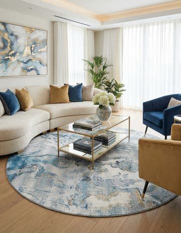 Blue and Ivory Easy-Clean Modern Indoor / Outdoor Round Rug