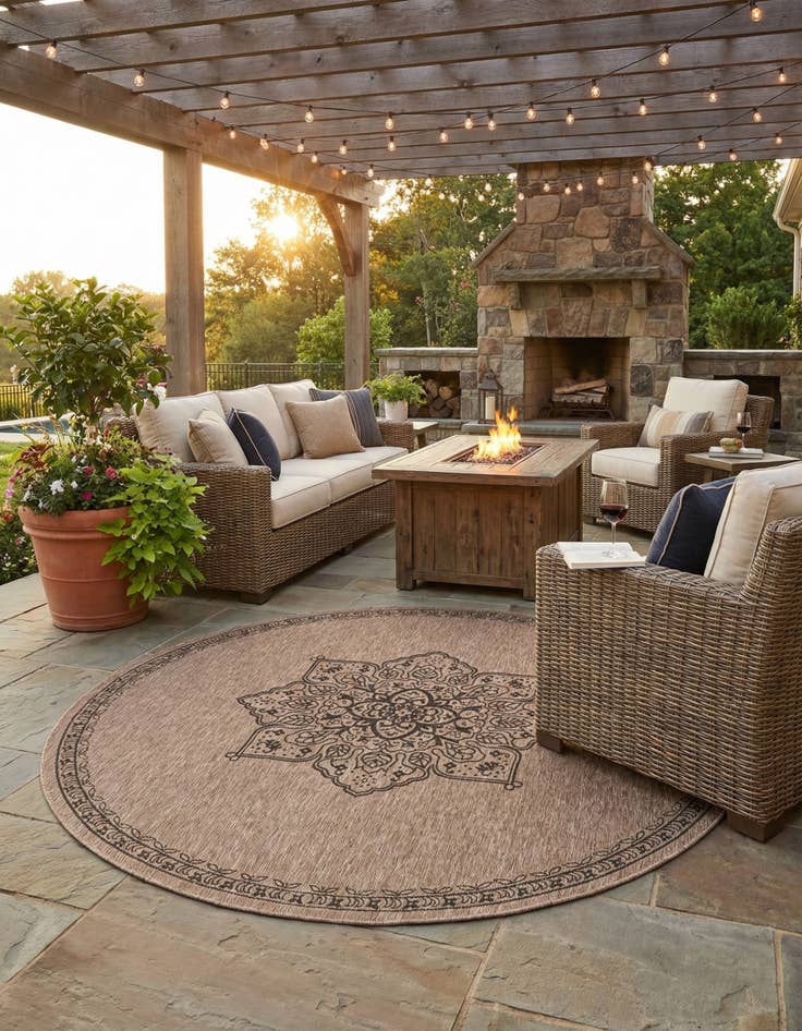 Detail image of  12' x 12'  Washable Traditional Indoor / Outdoor Round Rug