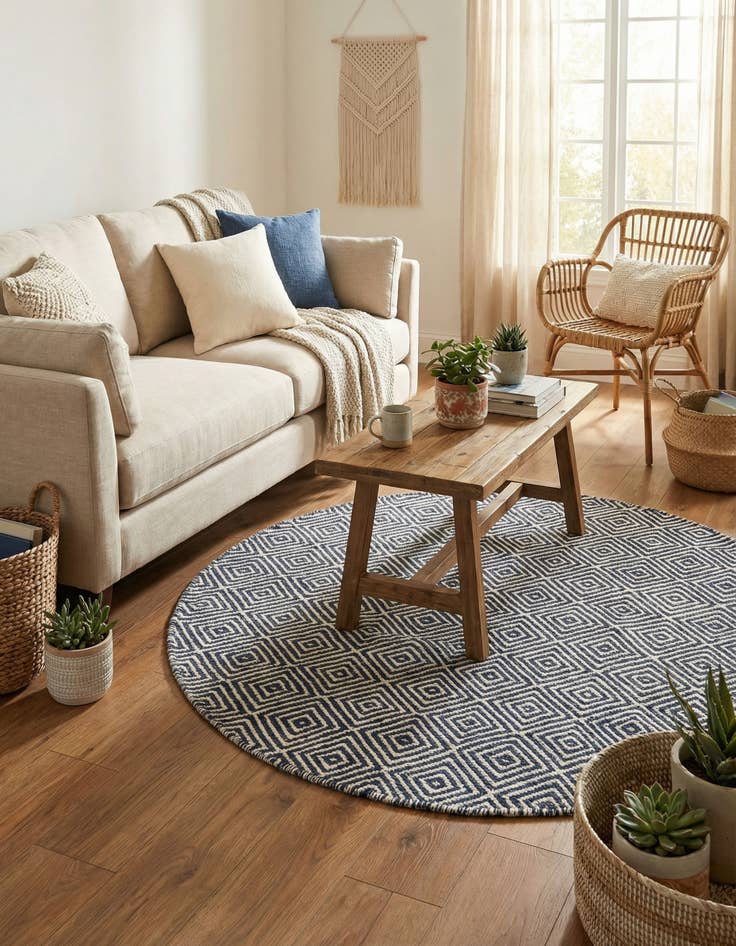 Detail image of  3' 1 x 3' 1  Hand Woven Geo Trellis Flatweave Round Rug