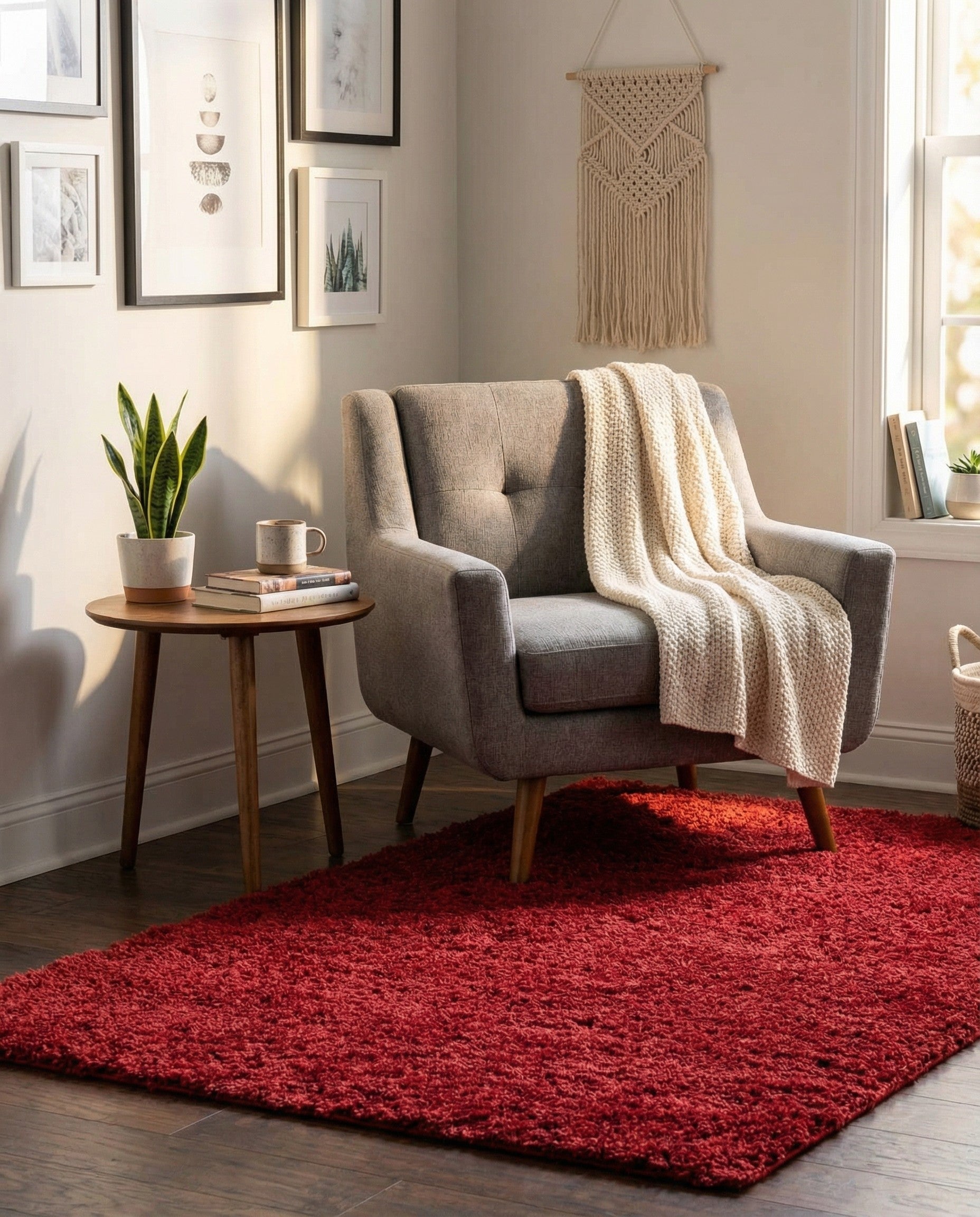 A plush, square 3' 3 x 3' 3 red shag rug with a deep, textured pile, perfect for adding warmth.