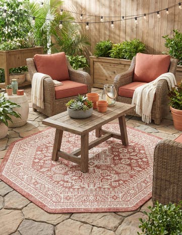 Rust Red Easy-Clean Aztec Indoor / Outdoor Octagon Rug