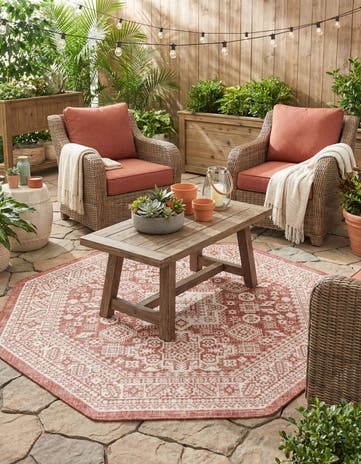 Rust Red Easy-Clean Aztec Indoor / Outdoor Octagon Rug