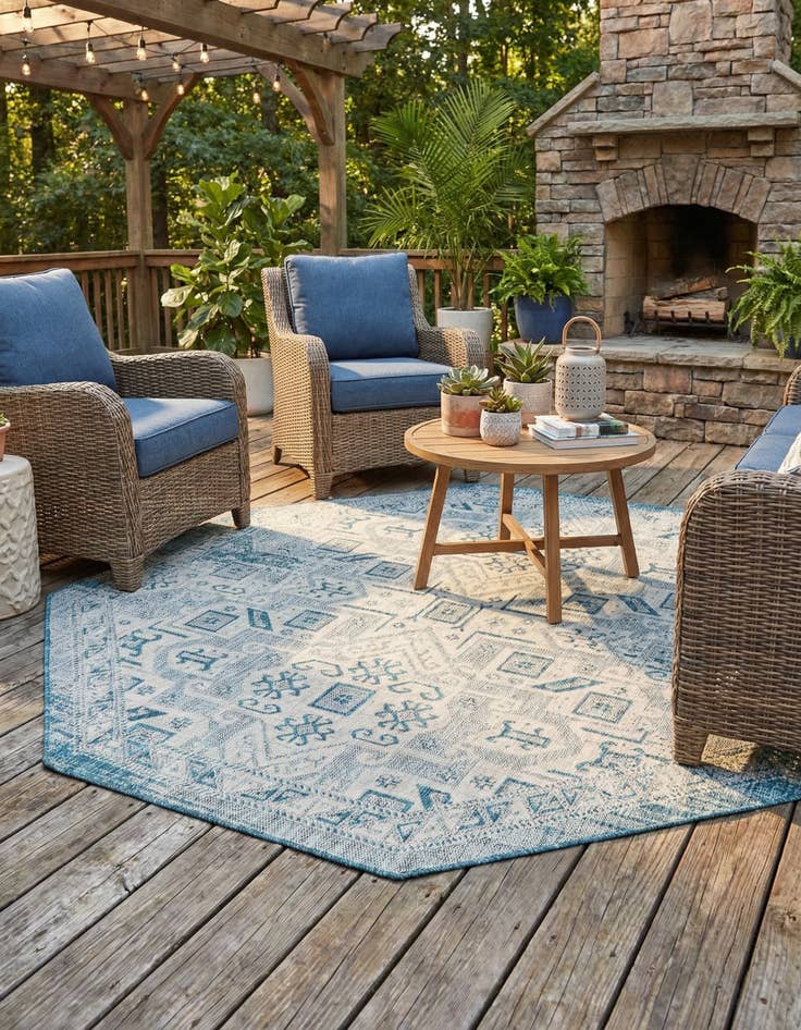 Detail image of 7' 10 x 7' 10  Washable Aztec Indoor / Outdoor Octagon Rug