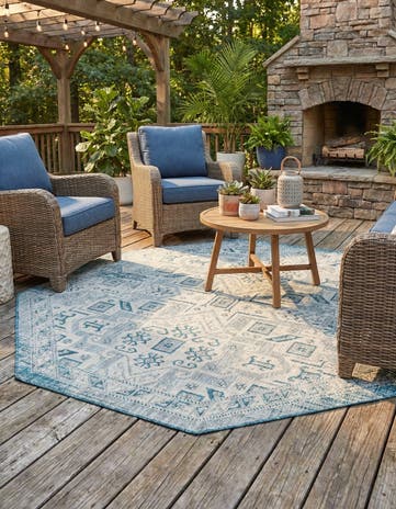 Teal Easy-Clean Aztec Indoor / Outdoor Octagon Rug