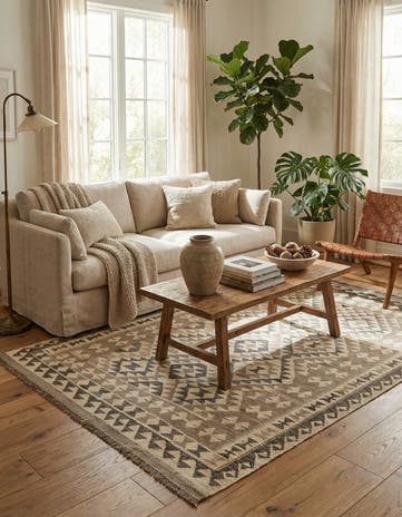 4' 11 x 6' 8 Hand Woven Kilim Maymana Wool Rug