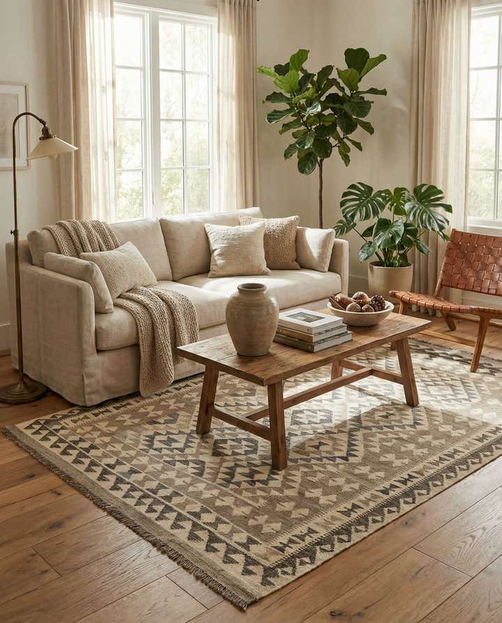 4' 11 x 6' 8 Hand Woven Kilim Maymana Wool Rug