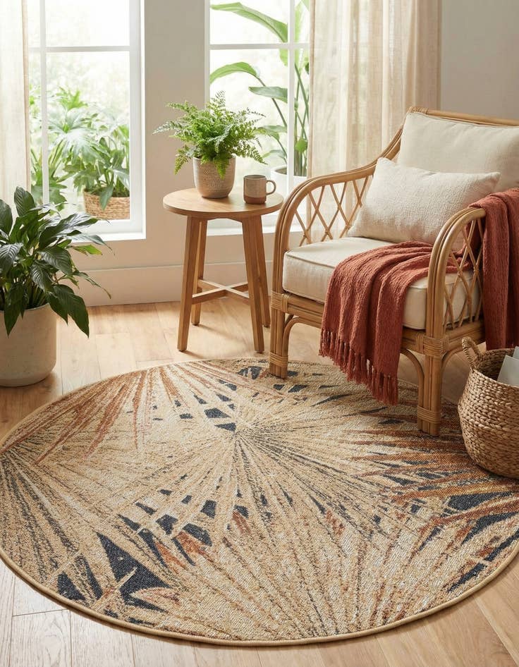 Detail image of 3' x 3'  Washable Botanical Indoor / Outdoor Round Rug