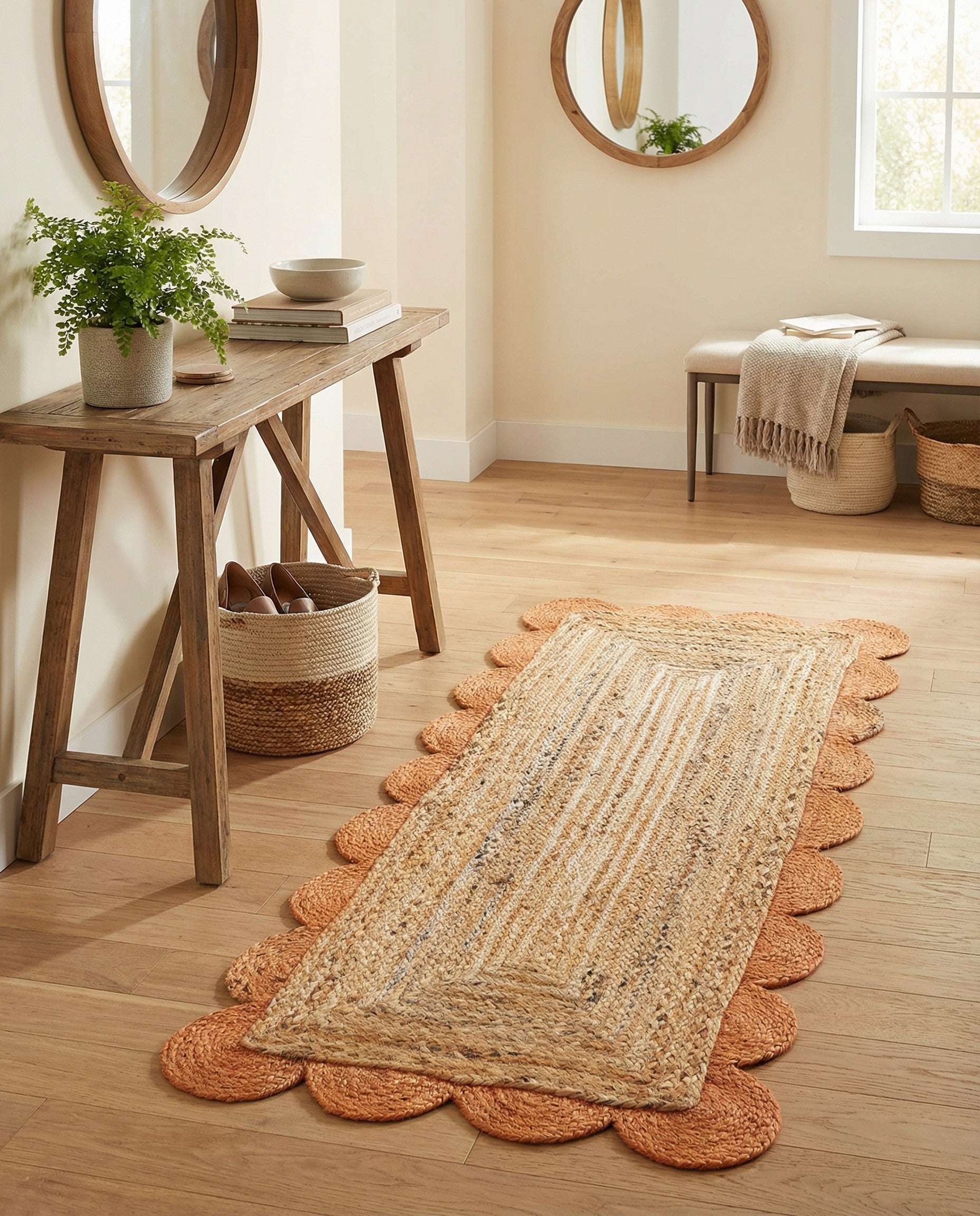 A 4 Ft runner rug with a braided natural jute center and a scalloped terracotta border, perfect for a hallway.