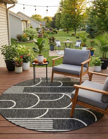 Black and White Easy-Clean Modern Indoor / Outdoor Round Rug