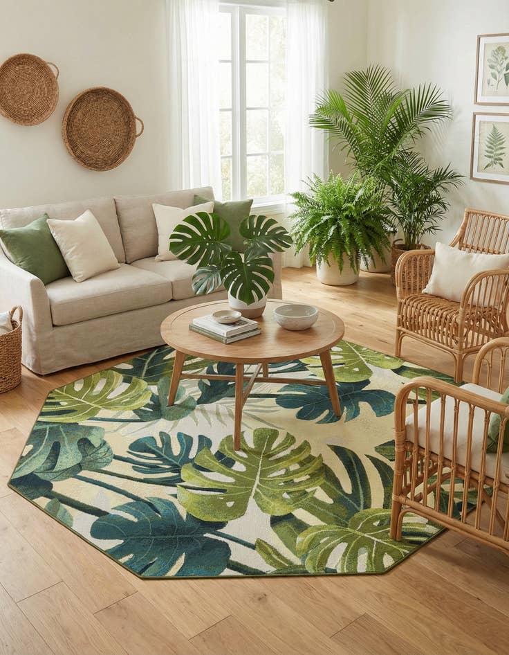 Detail image of 7' x 7'  Washable Botanical Indoor / Outdoor Octagon Rug