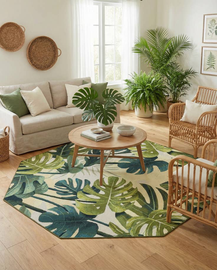 Detail image of 7' x 7' Easy-Clean Botanical Indoor / Outdoor Octagon Rug