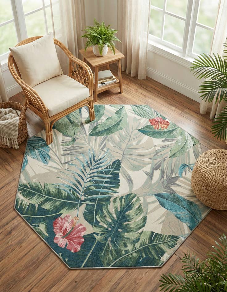 Detail image of 5' 3 x 5' 3  Washable Botanical Indoor / Outdoor Octagon Rug