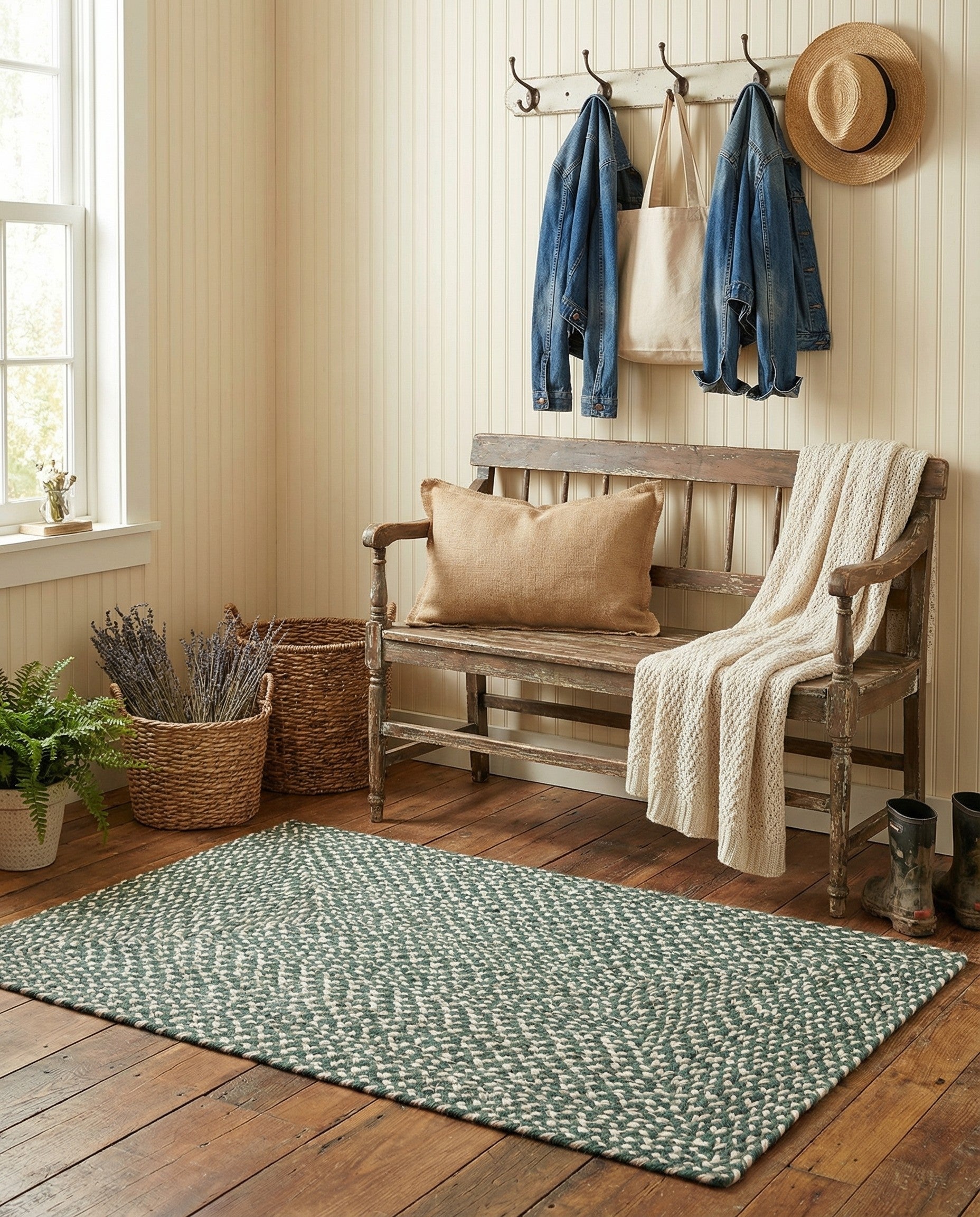 A 2x3 rectangular Rugs.com Tweed Braided Jute rug featuring a tight, handmade green and off-white braided pattern.