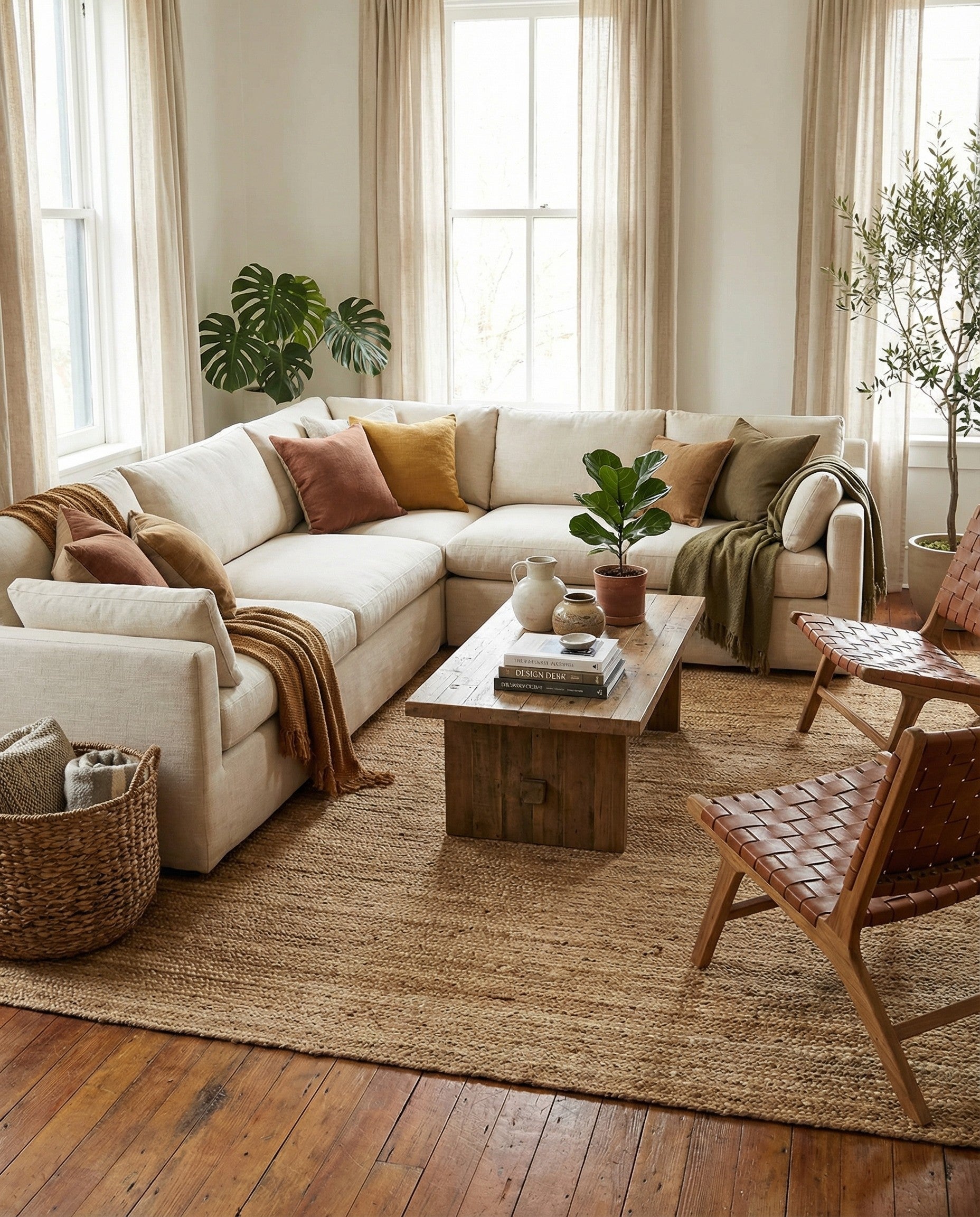 A 10'x10' square natural jute area rug with varied brown and tan tones and a textured flatweave.