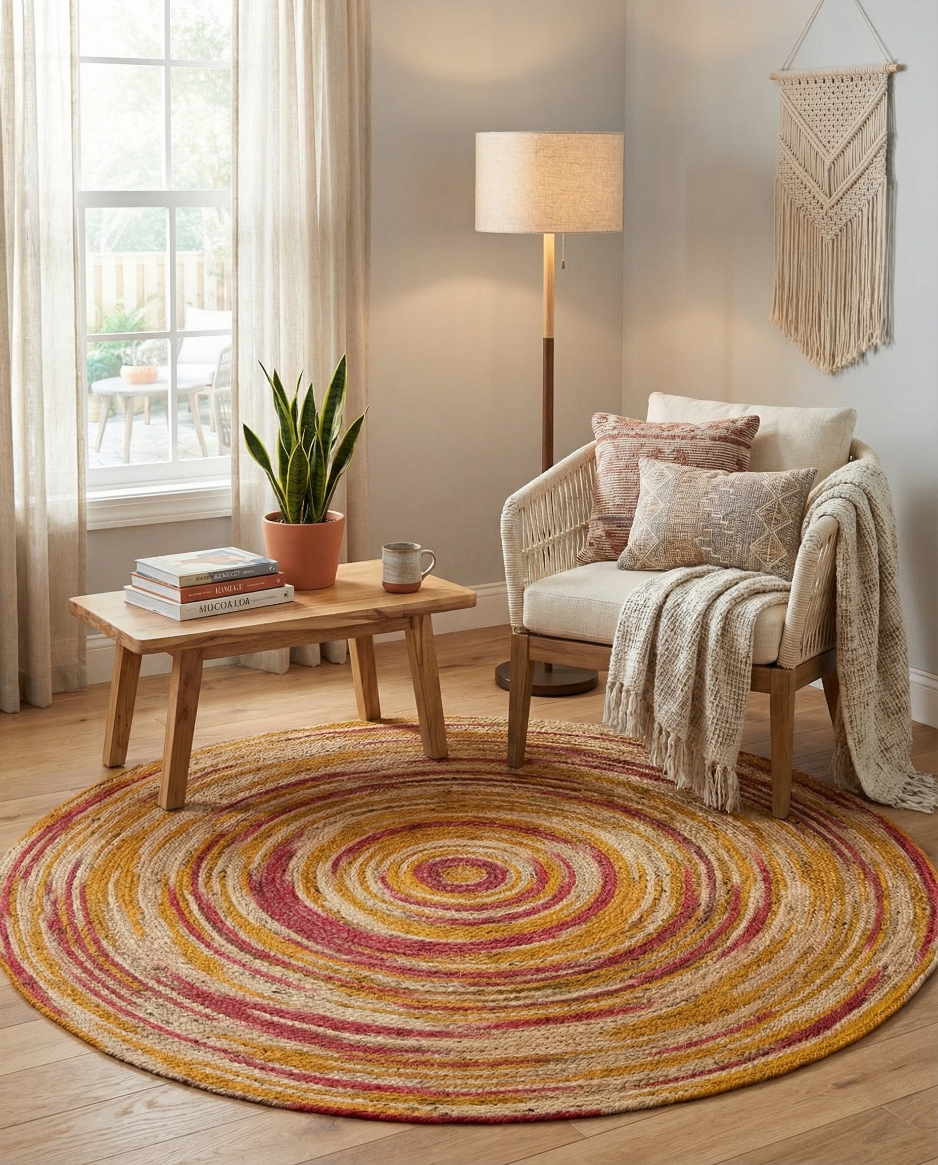 A round 5' 1 x 5' 1 jute rug featuring a modern spiral pattern in braided oranges, pinks, and natural yellows.