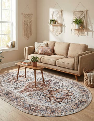 Ivory Almond Washable Yara Oval Rug