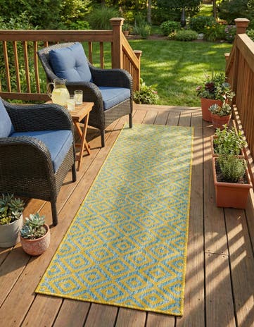 Yellow and Aqua Easy-Clean Jill Zarin Costa Rica Indoor / Outdoor Runner Rug