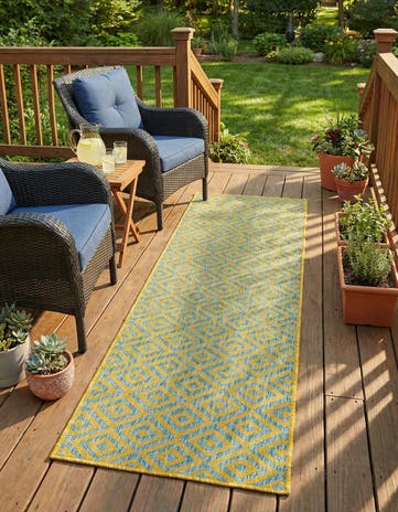 Yellow and Aqua Easy-Clean Jill Zarin Costa Rica Indoor / Outdoor Runner Rug