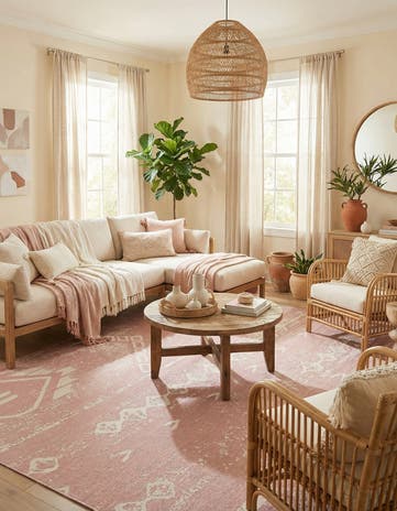 Pink Easy-Clean Bohemian Indoor / Outdoor Square Rug