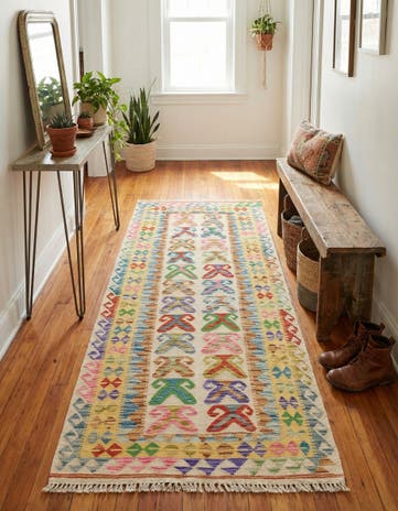 3' 4 x 6' 7 Hand Woven Kilim Maymana Wool Runner Rug