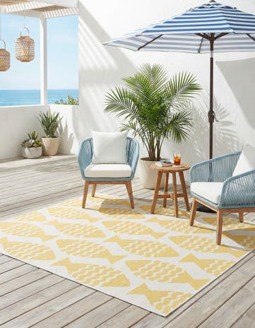 Yellow Easy-Clean Coastal Indoor / Outdoor Square Rug