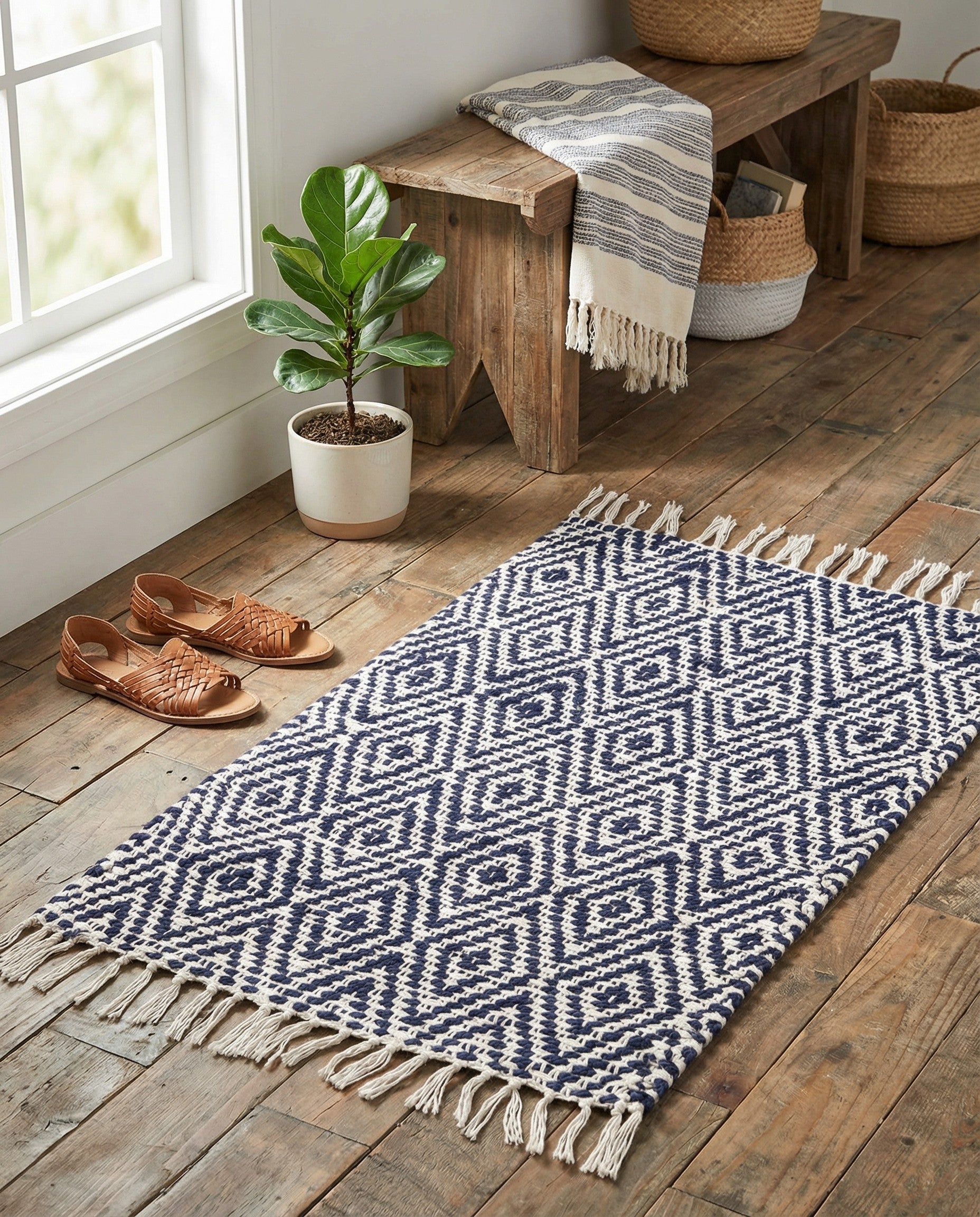 A 2x3 rectangular white and navy area rug with a geometric diamond pattern and fringed edges.