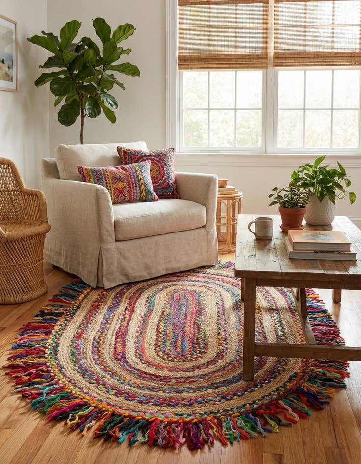 Detail image of 4' 1 x 6' 1  Hand Braided Chindi Jute Oval Rug