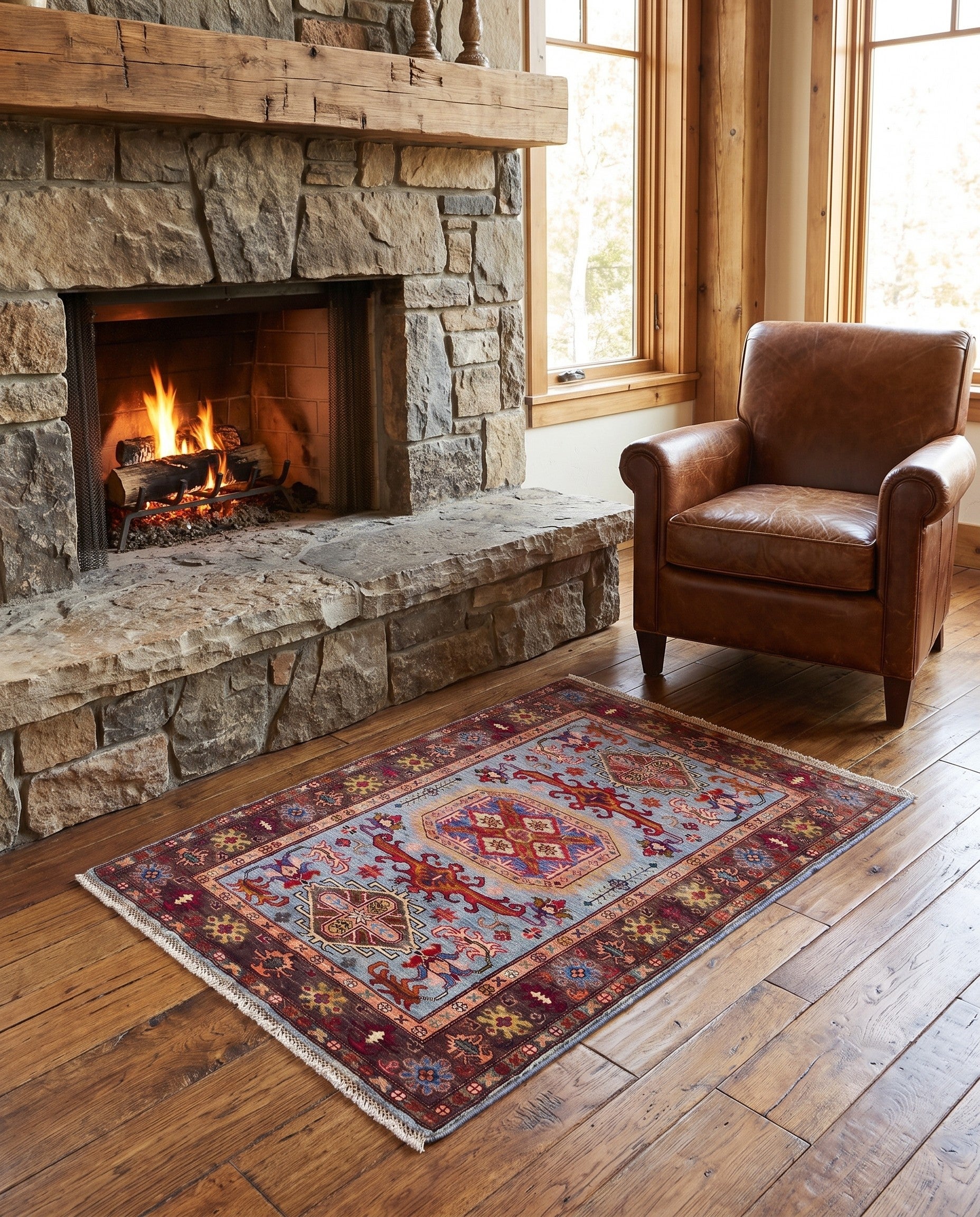 3' 4 x 4' 11 Hand Knotted Kazak Rug
