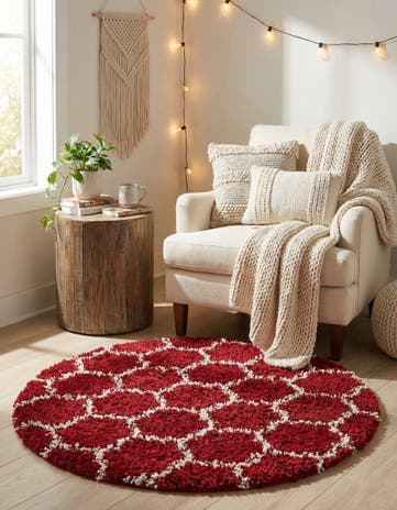 Burgundy Red Lattice Shag Round Rug
