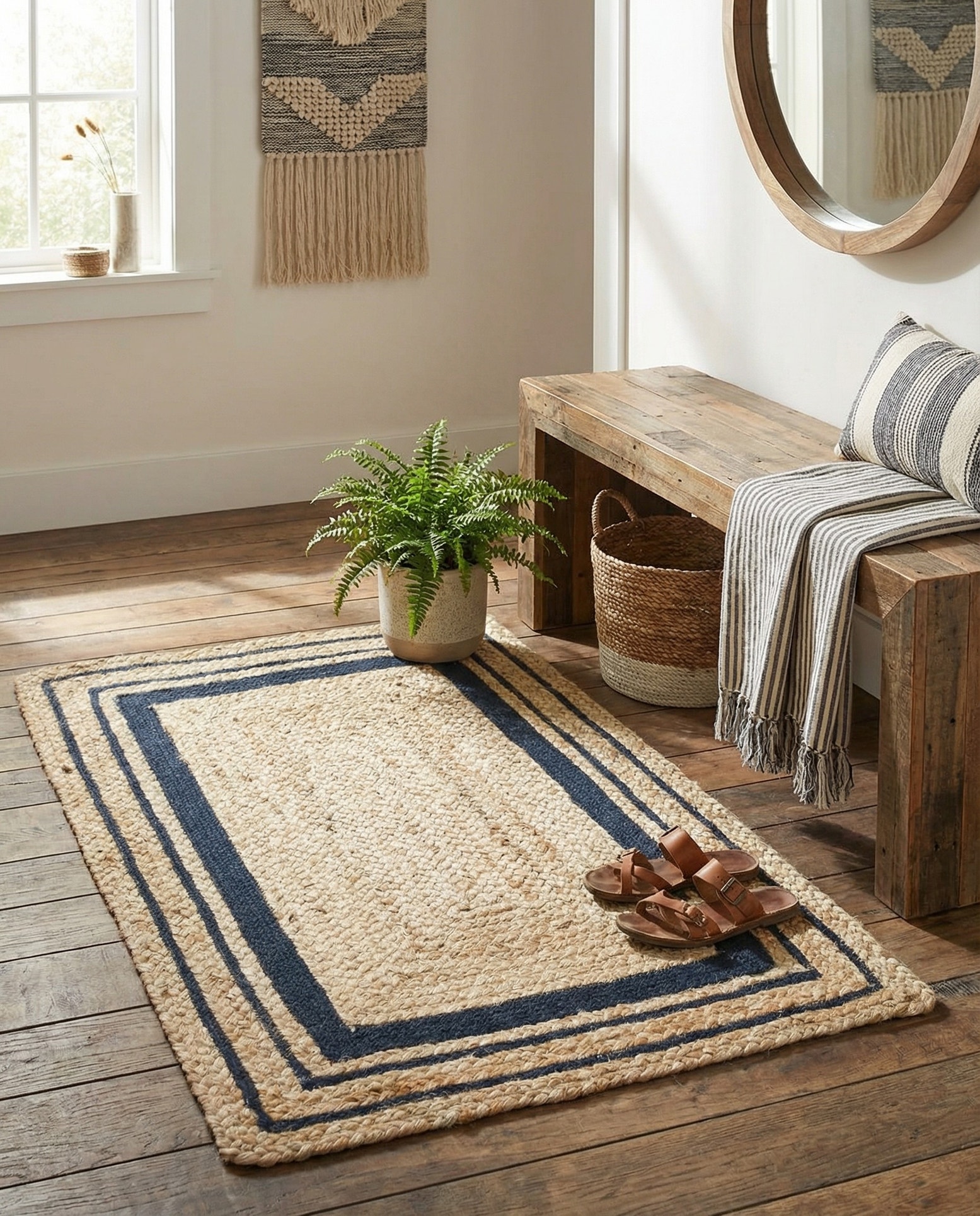 Natural and Navy Blue Hand Braided Jute Rug in a room