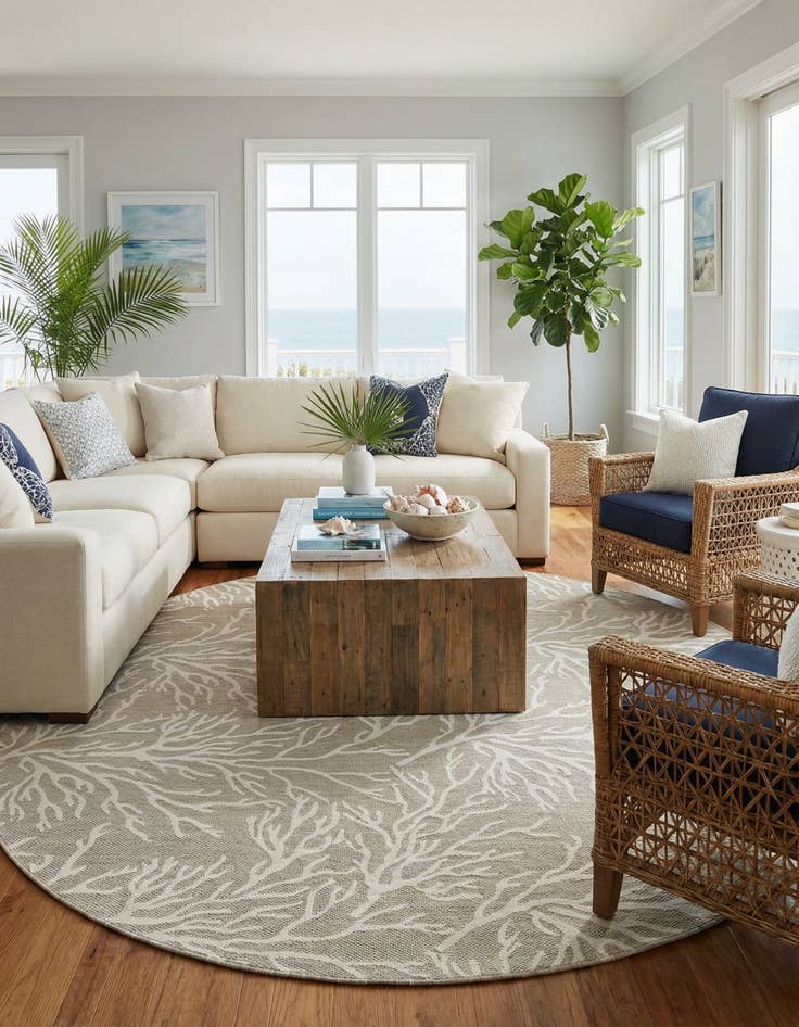 Detail image of 12' x 12'  Washable Coastal Indoor / Outdoor Round Rug