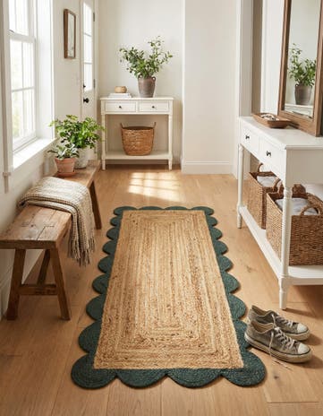 Natural and Green Handmade Scallop Braided Jute Runner Rug