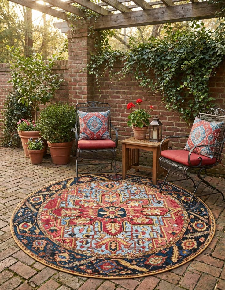 Detail image of 5' x 5'  Washable Traditional Indoor / Outdoor Round Rug