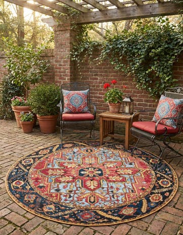 Rust Red and Blue Easy-Clean Traditional Indoor / Outdoor Round Rug