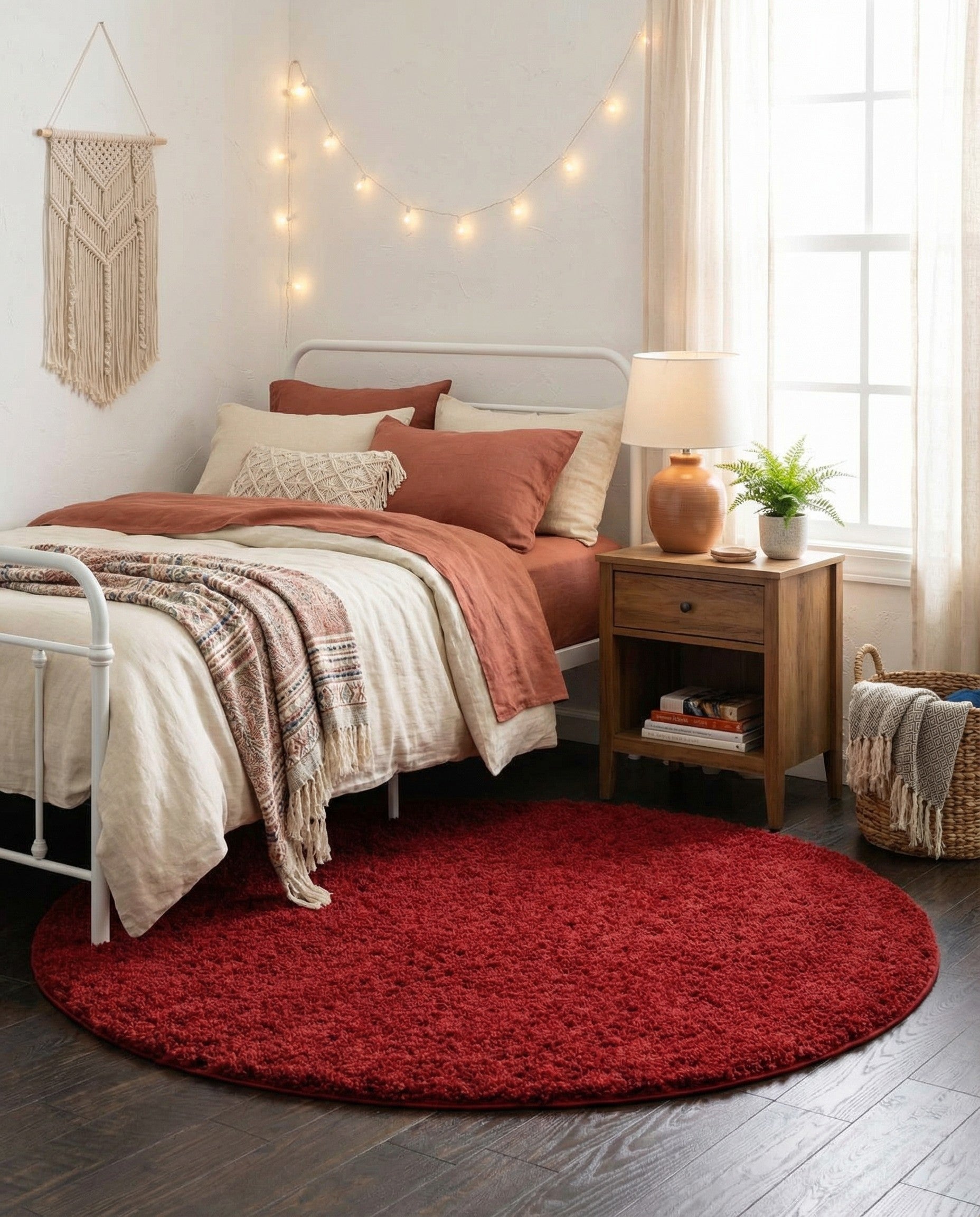 A 4' 0 x 4' 0 round red shag rug with a textured, plush pile, perfect for adding warmth to any indoor space.