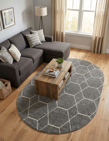 Light Gray Lattice Frieze Oval Rug