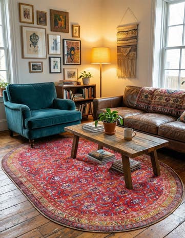 Red Washable Timeless Oval Rug