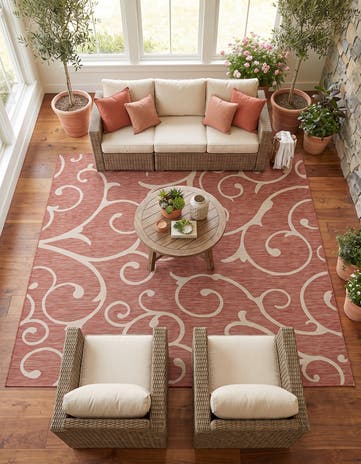 Rust Red Easy-Clean Botanical Indoor / Outdoor Square Rug