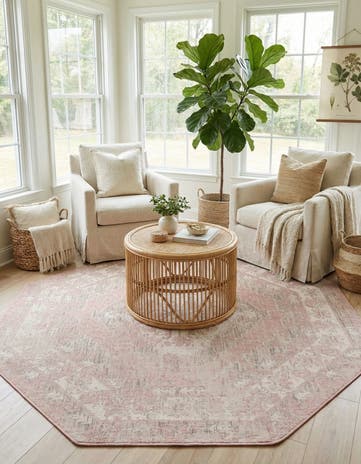 Pink Easy-Clean Traditional Indoor / Outdoor Octagon Rug