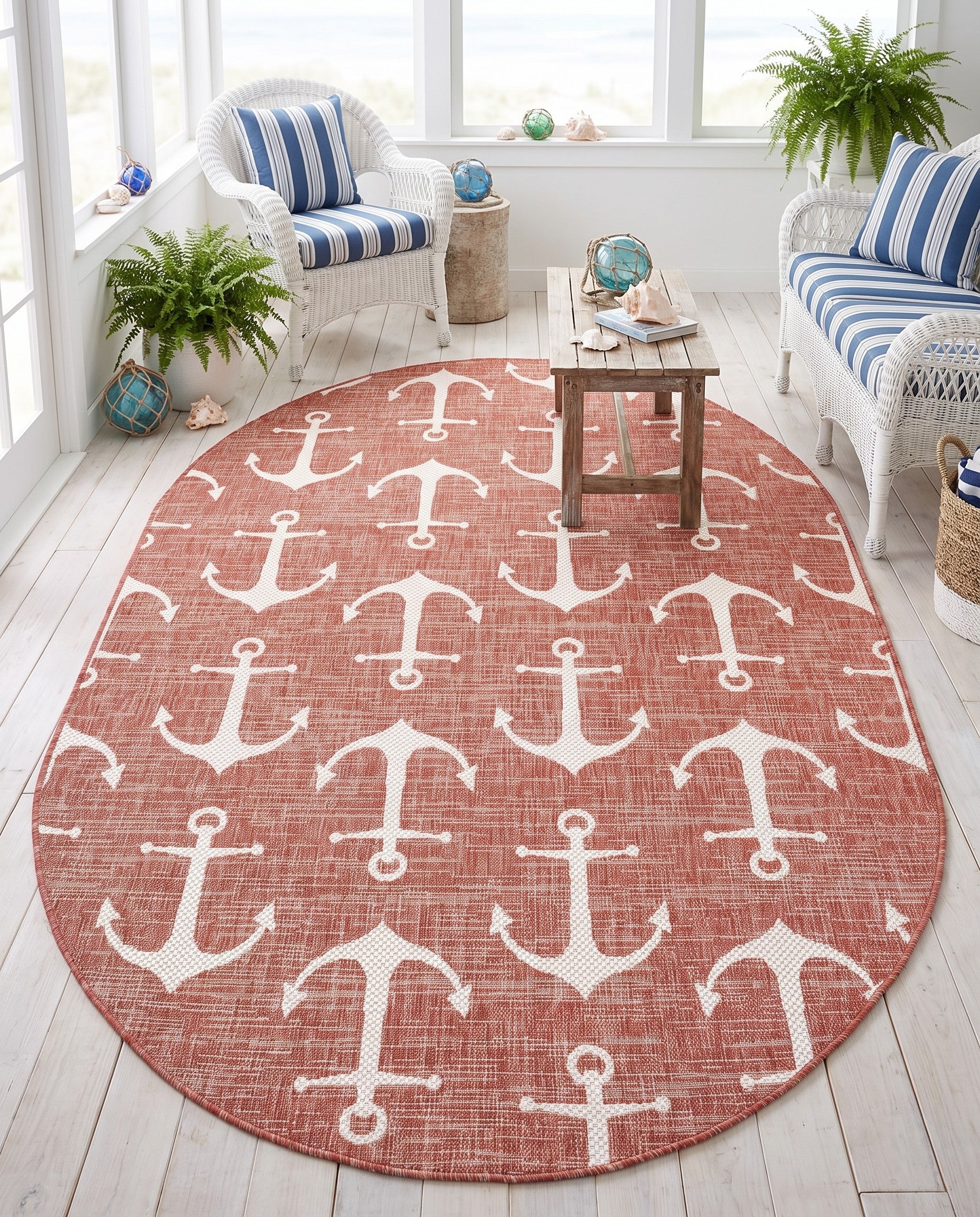 5' 3 x 8' Easy-Clean Coastal Indoor / Outdoor Oval Rug