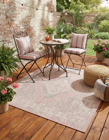 Pink Easy-Clean Traditional Indoor / Outdoor Square Rug