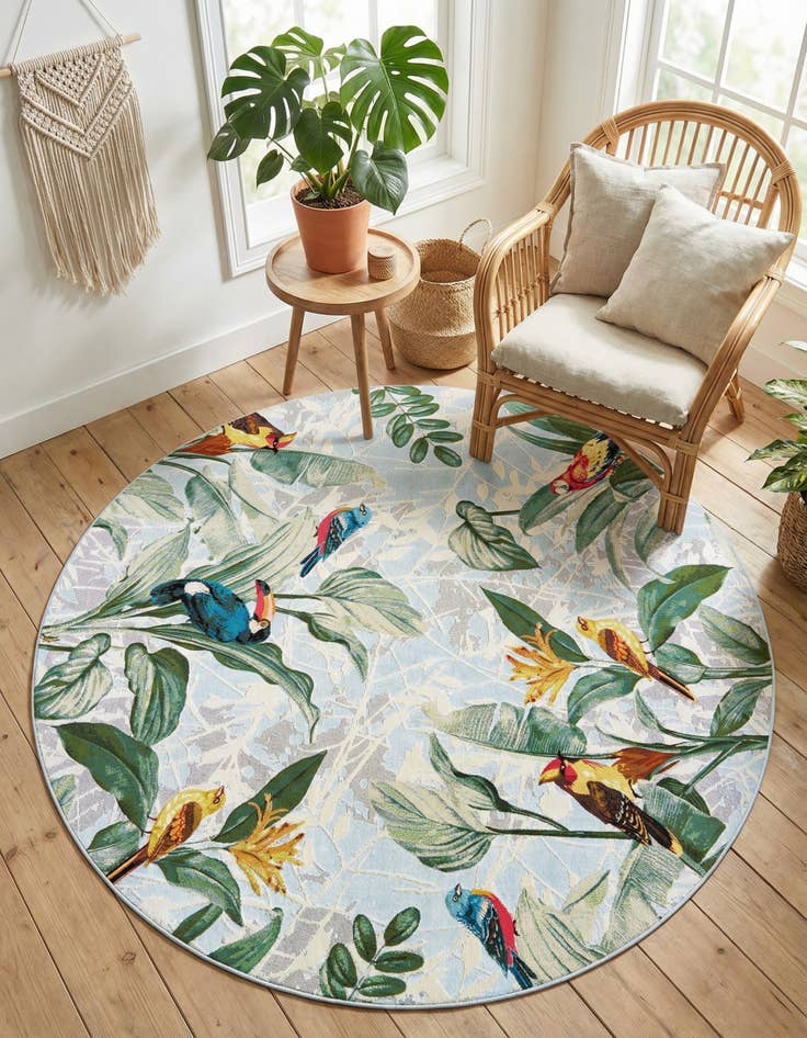 Detail image of  7' 10 x 7' 10  Washable Botanical Indoor / Outdoor Round Rug