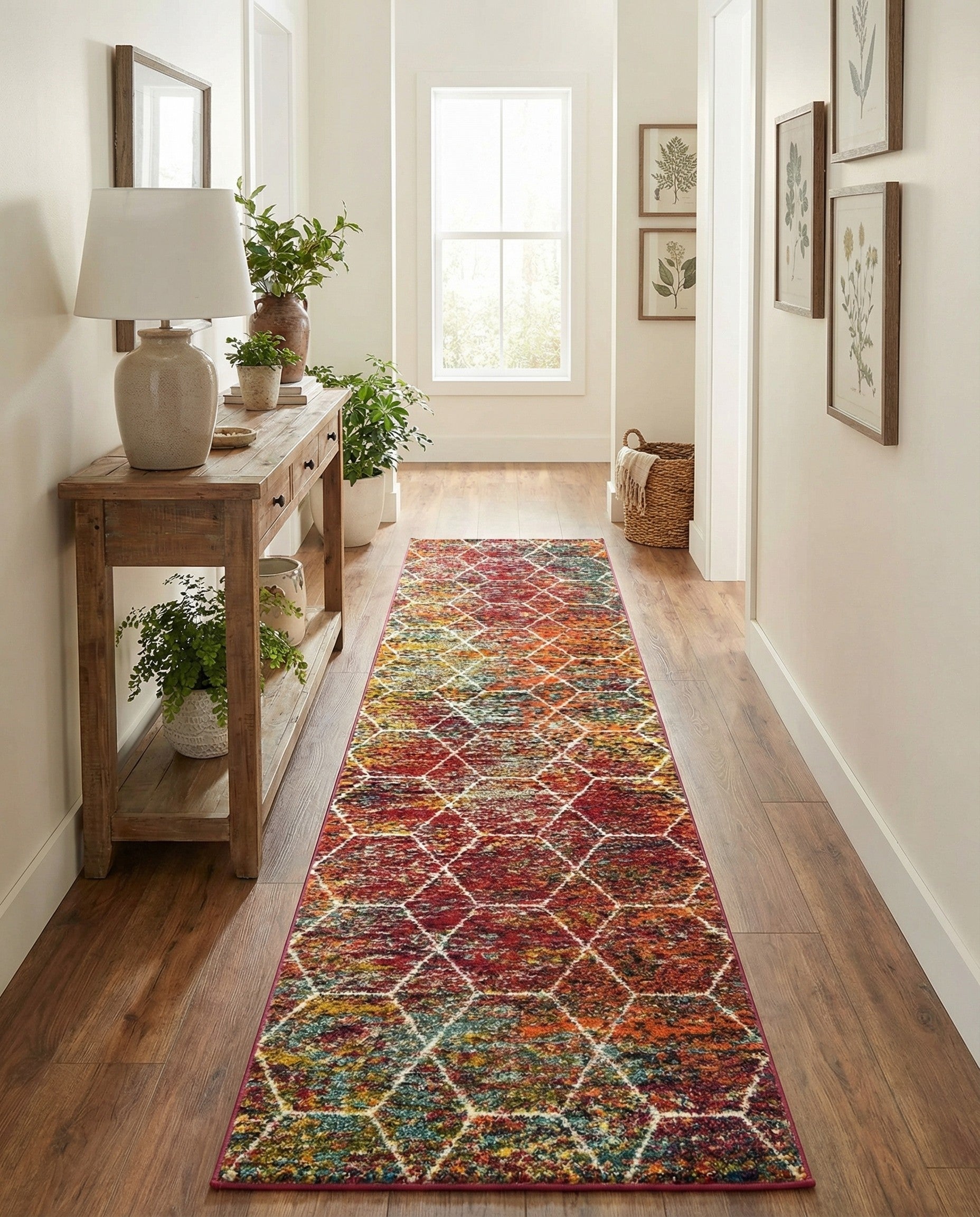 A 12 ft multi-colored runner rug with a contemporary trellis pattern in shades of red, orange, yellow, and teal.