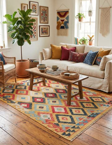 4' 2 x 5' 9 Hand Woven Kilim Maymana Wool Rug