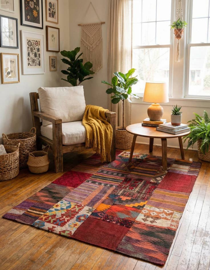 Detail image of 3' 7 x 5'  Hand Woven Kilim Patchwork Wool Rug