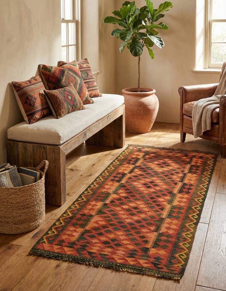 Detail image of 3' 2 x 6' 2  Hand Woven Kilim Maymana Wool Rug