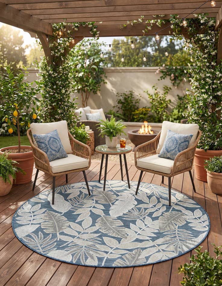 Detail image of 4' 5 x 4' 5  Washable Botanical Indoor / Outdoor Round Rug